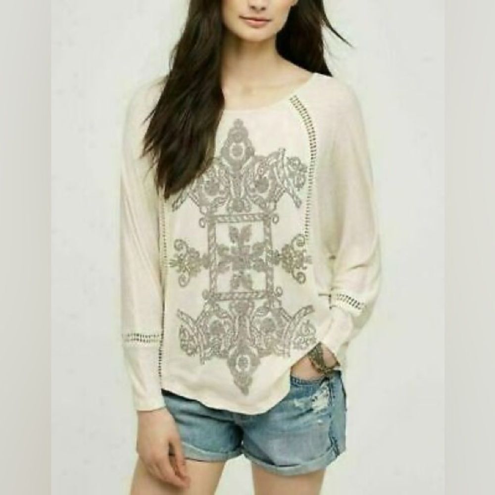 Anthropologie Meadow Rue Top Saba Embroidered Pullover Cutout Lace Blouse Size M